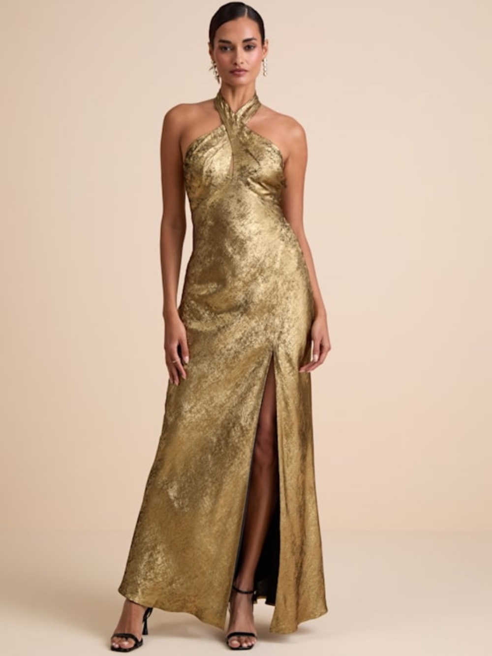 Lulus Knoxley Shiny Gold Lurex Cross-front Halter Maxi Dress - Size S